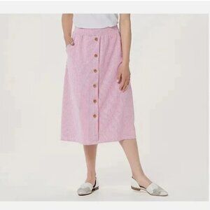 Denim & Co. Seersucker Button Front Midi Skirt with Pockets-Coral-Small-A378152